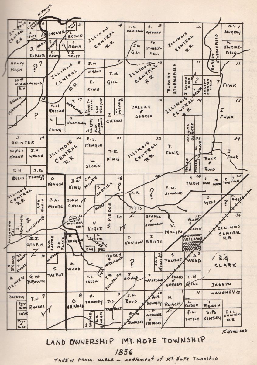 Land ownership in Mt. Hope Township, 1856. The original Village of McLean can be seen toward the bottom right in section 35.